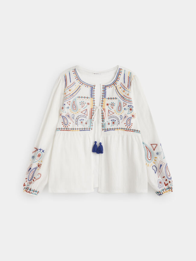 Chaqueta boho detalle bordados Blanco Optico
