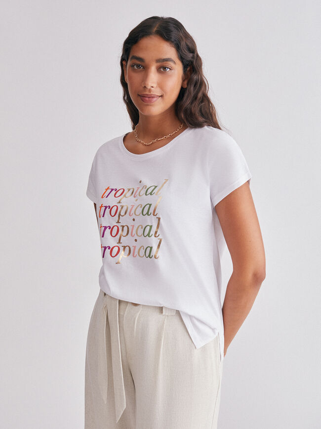 Camiseta manga corta texto colores tropi Blanco Optico