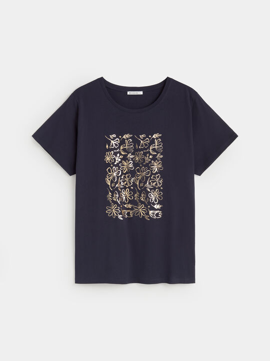 CAMISETA FLORES BRILLANTES Azul Marino image number null