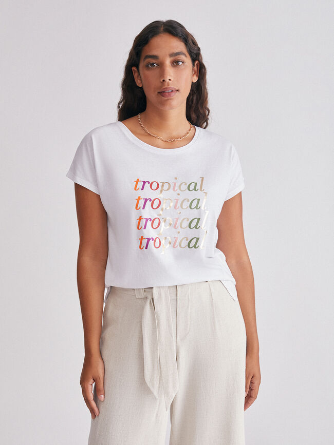 Camiseta manga corta texto colores tropi Blanco Optico