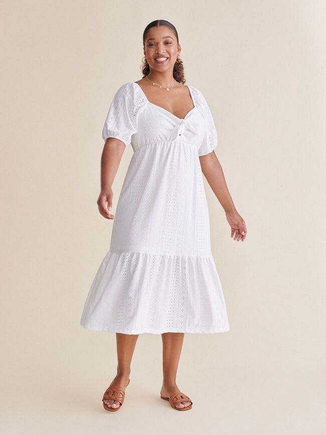 Vestido calados manga corta abullonada Blanco Optico