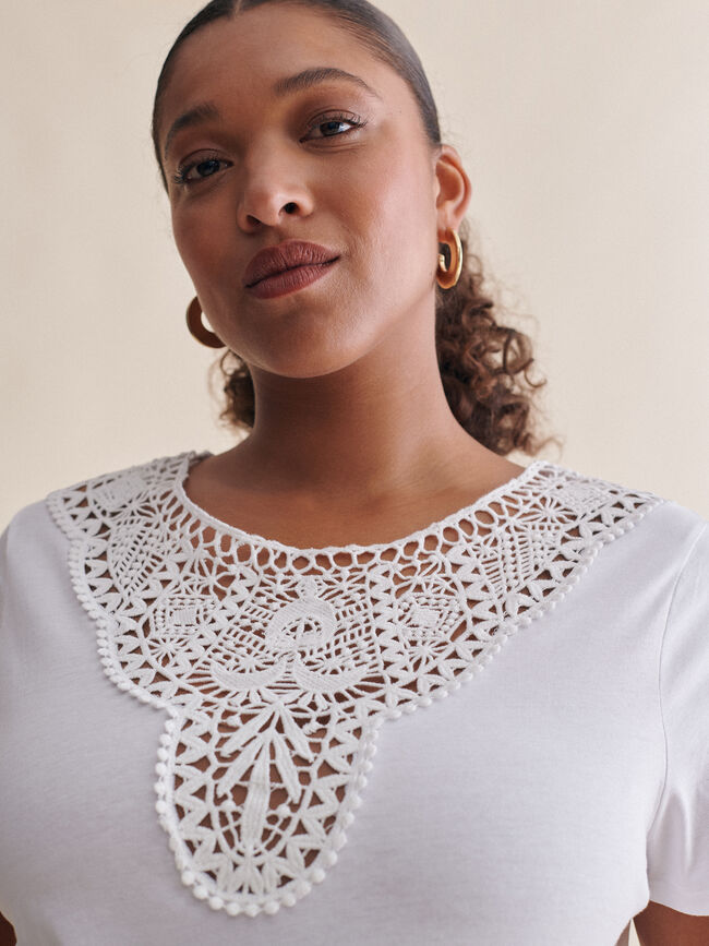 Camiseta cuello crochet 100% algodón Blanco Optico