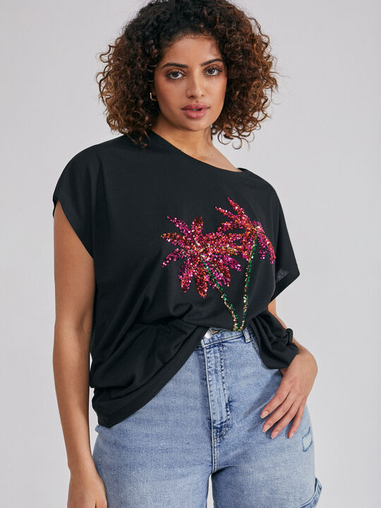 CAMISETA FLUIDA LENTEJUELAS Negro image number null