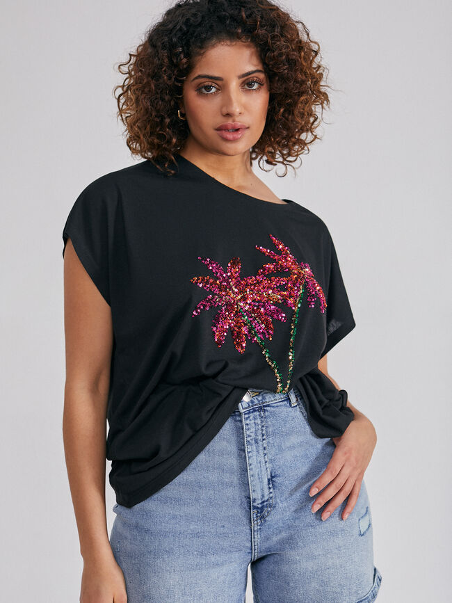 CAMISETA FLUIDA LENTEJUELAS Negro