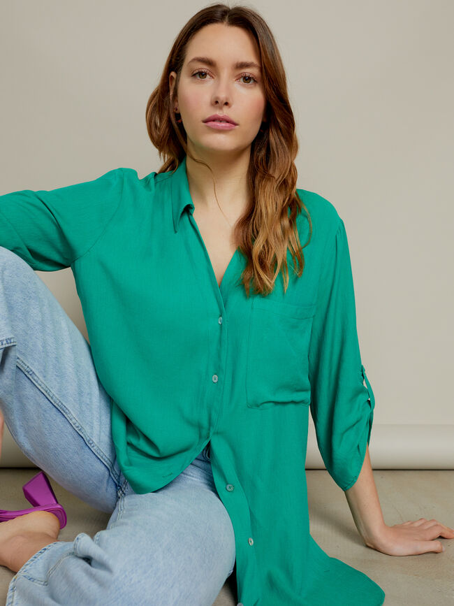 Camisa larga botones en mangas Verde Brillante
