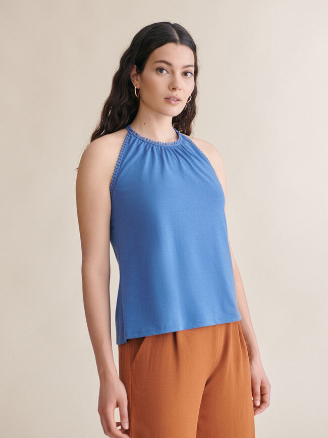 top halter detalle bordado 100% algodón Indigo