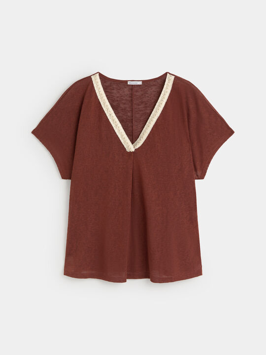 CAMISETA LINO DETALLE Marron Medio image number null