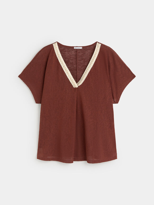 CAMISETA LINO DETALLE Marron Medio