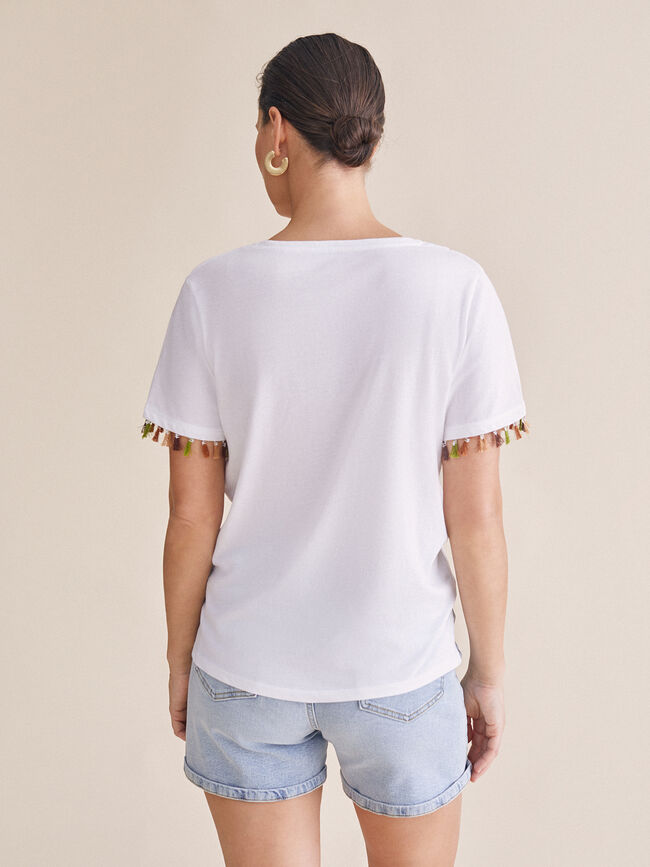 Camiseta 100% algodón con detalle pompon Blanco Optico