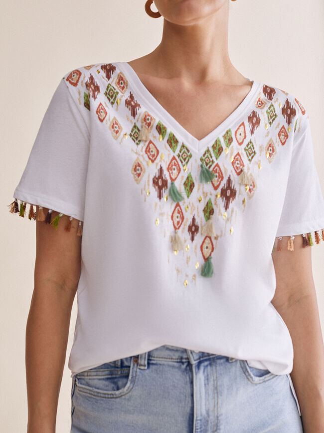 Camiseta 100% algodón con detalle pompon Blanco Optico