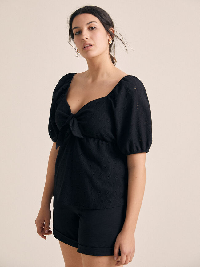 camiseta manga abullonada detalle lazo Negro