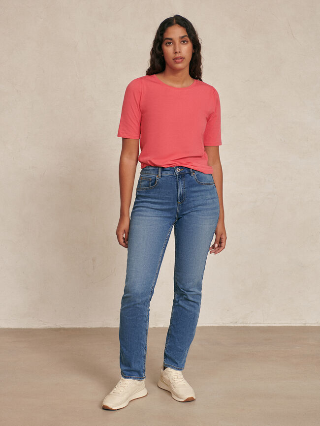 CAMISETA FRUNCIDO EN HOMBRO Fucsia Claro