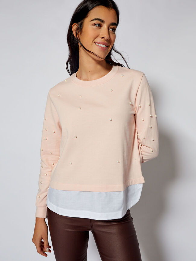 CAMISETA CON PERLAS Y FALDÓN Rosa Claro