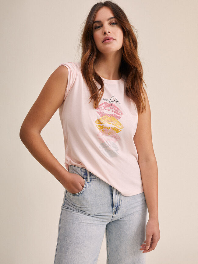 Camiseta detalle estampado labios Rosa
