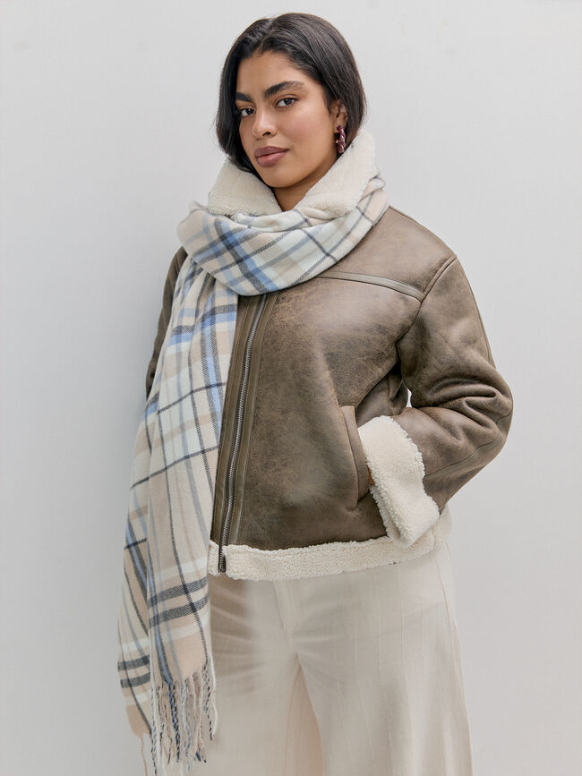 BUFANDA DISEÑO CUADROS Crudo