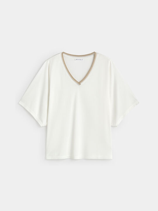CAMISETA DETALLE CUELLO Blanco Hueso image number null