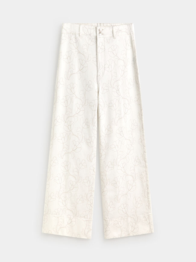 PANTALON ANCHO BORDADO Blanco Hueso