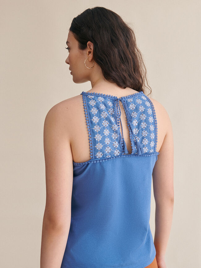 top halter detalle bordado 100% algodón Indigo