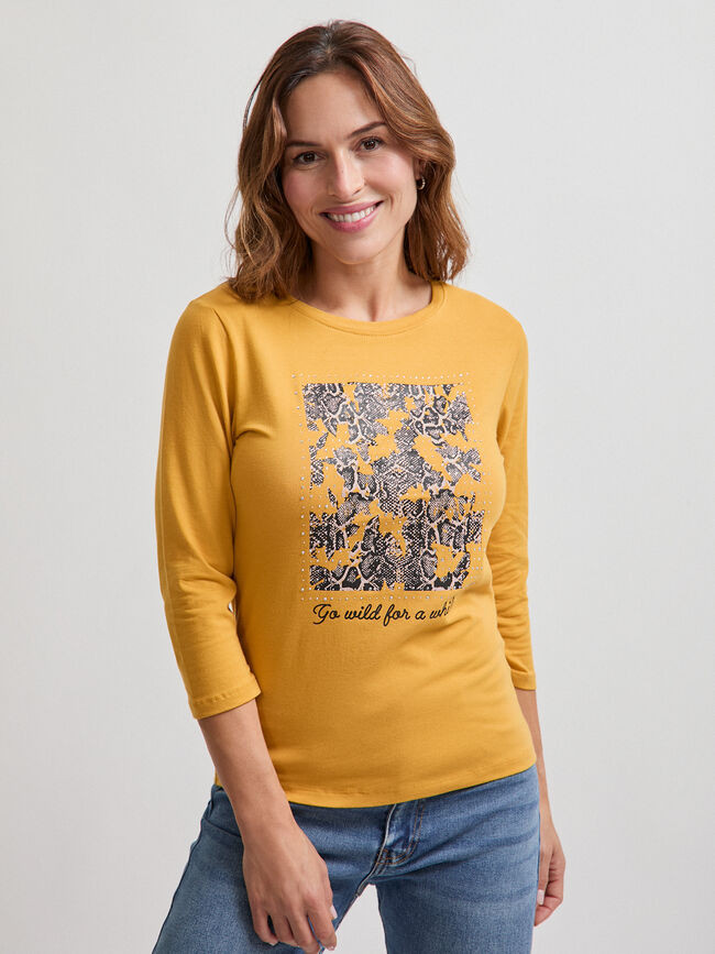 CAMISETA BRILLOS ESTAMPADA Mostaza Oscuro