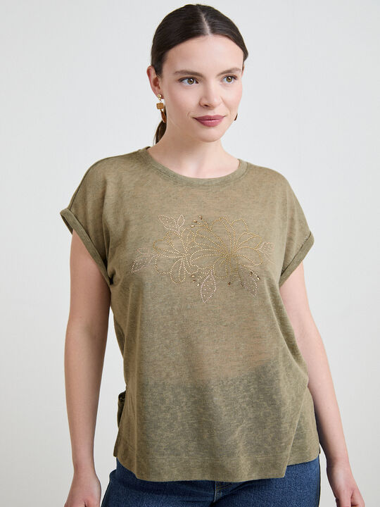 CAMISETA FLORES BRILLANTES Kaki image number null