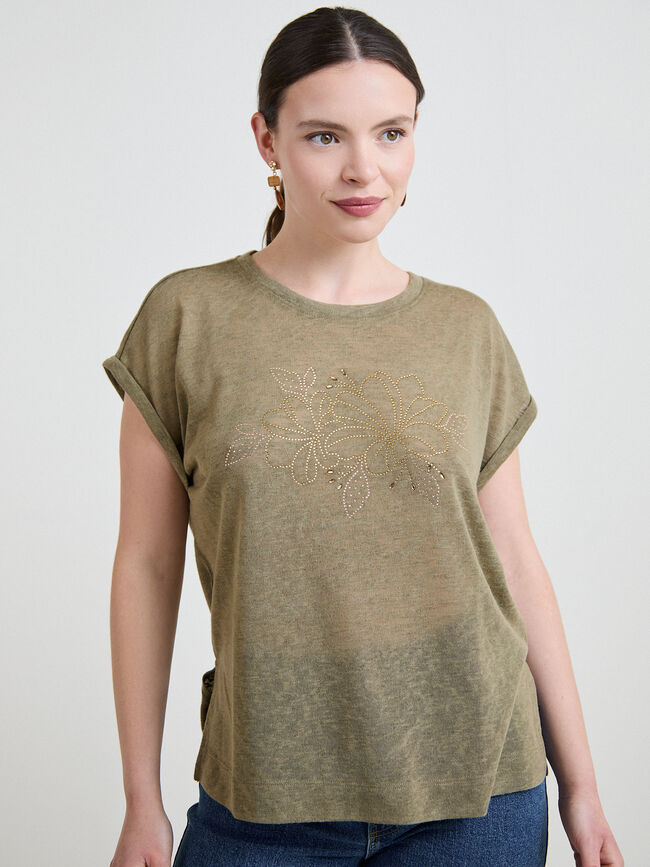 CAMISETA FLORES BRILLANTES Kaki