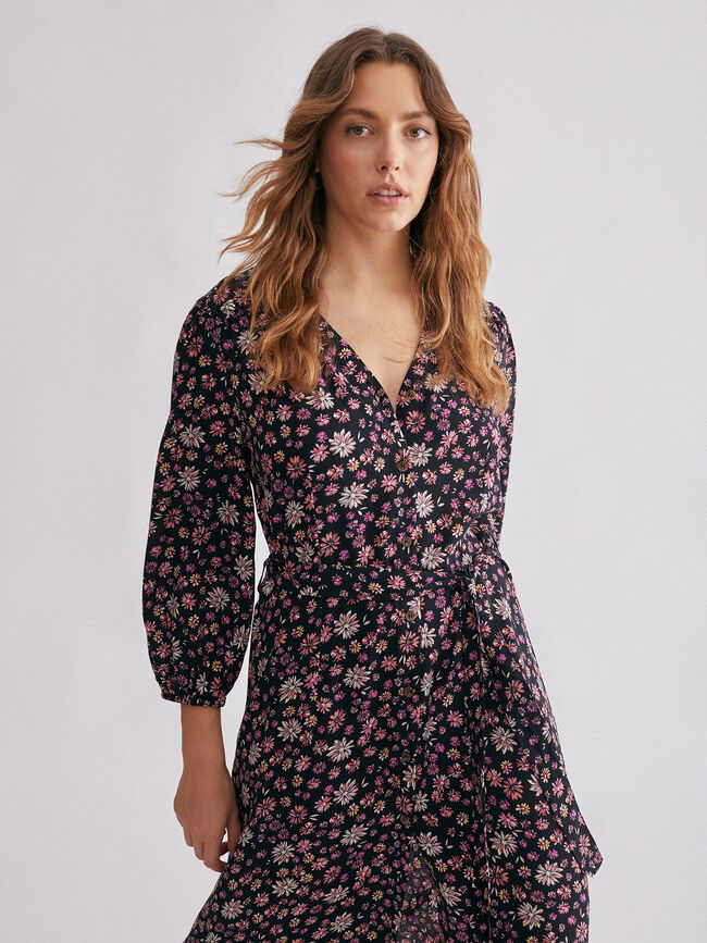 Vestido midi camisero estampado rosa frambuesa