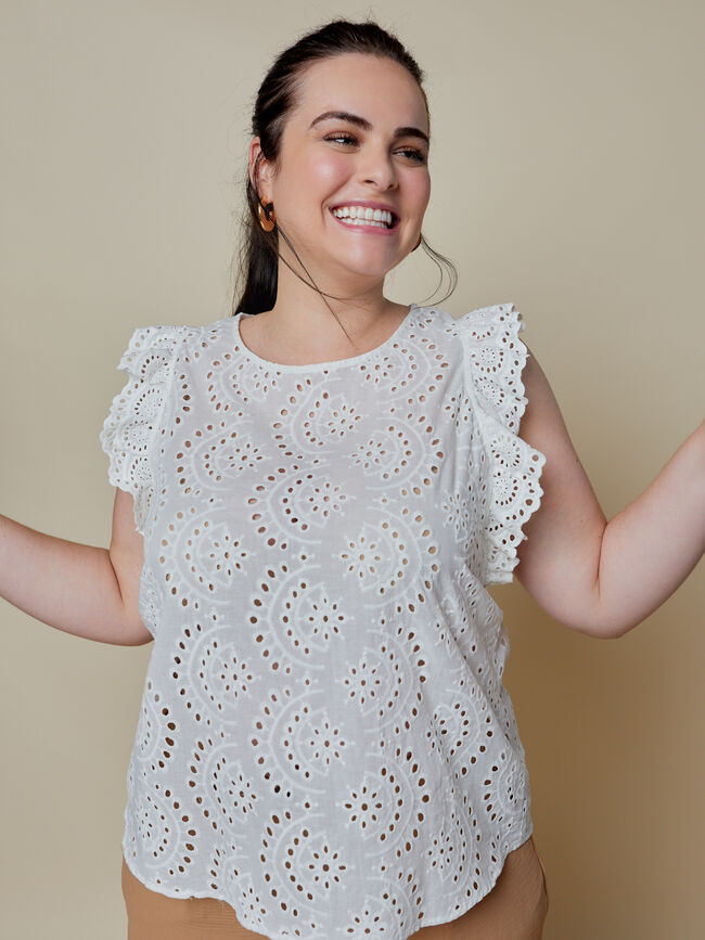 Blusa troquelada volante mangas Blanco Optico