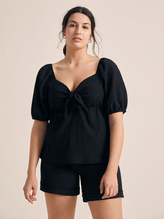 camiseta manga abullonada detalle lazo Negro