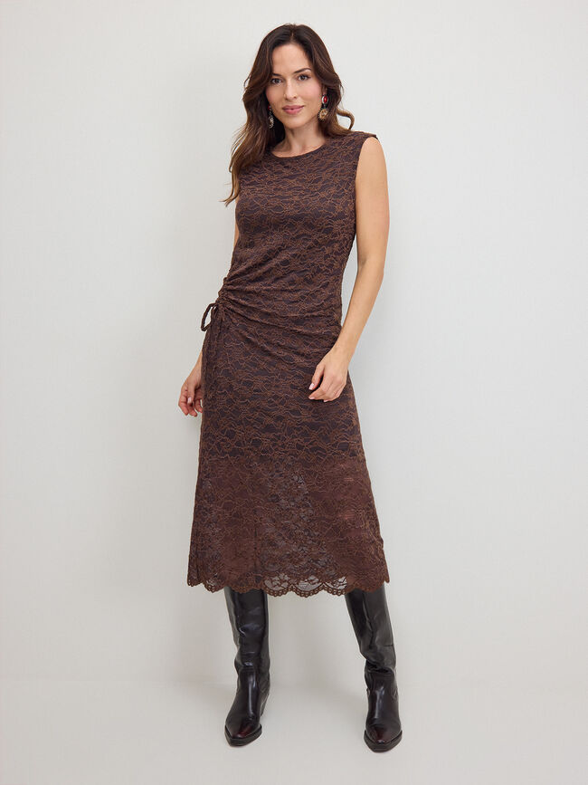 VESTIDO LACE  FLOR CHENILLA MARR&Oacute;N Marron
