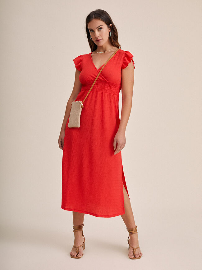 Vestido escote cruzado aberturas en bajo Coral
