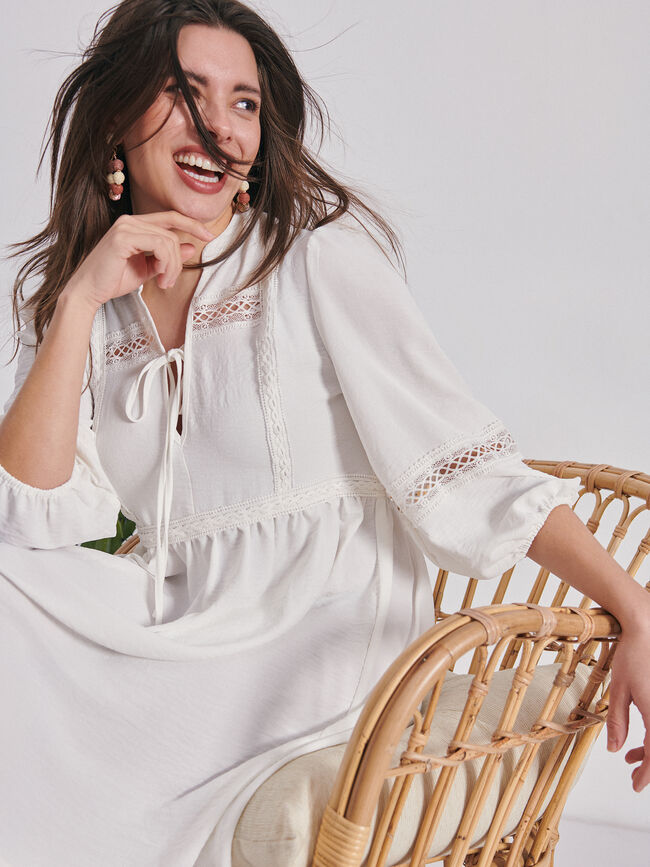 Vestido blanco romantico Blanco Hueso