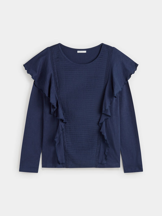 Camiseta manga larga y volante en hombro Azul Marino