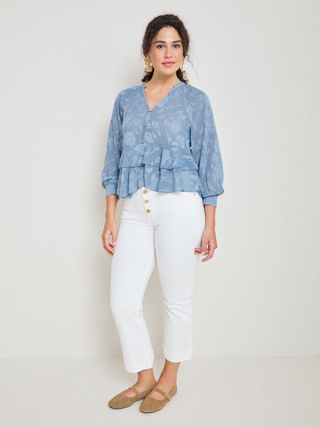 BLUSA SATINADA VOLANTES Azul Chambray
