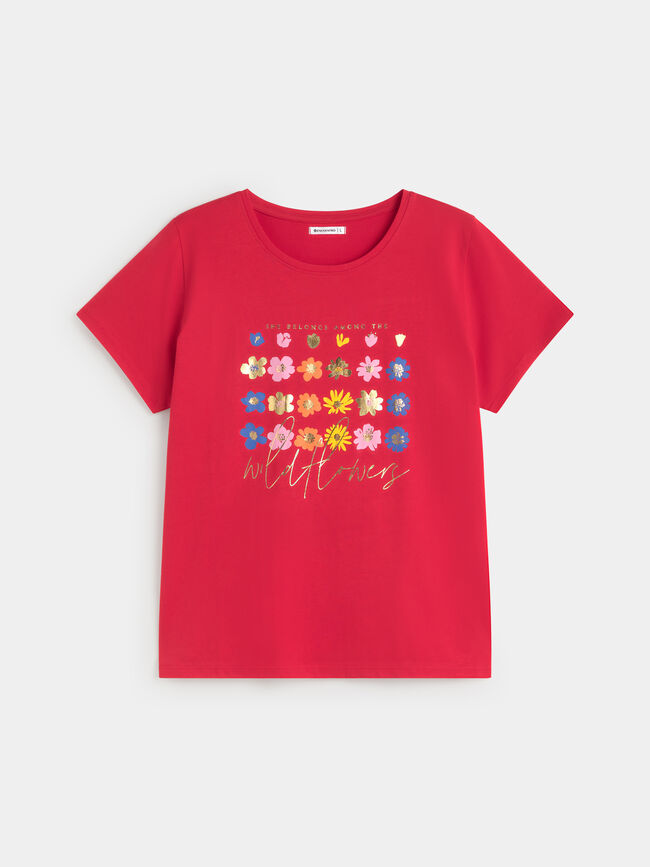CAMISETA FLORES COLORES Rojo