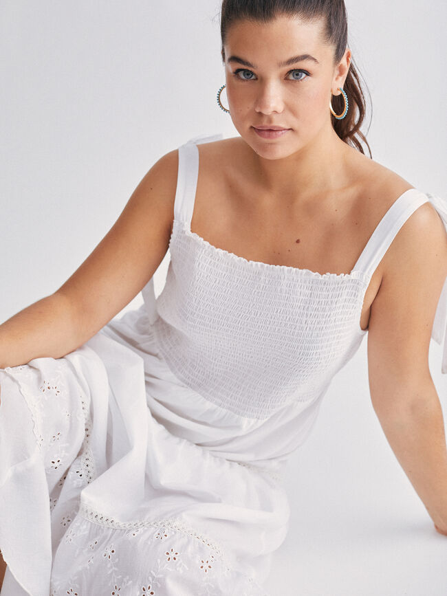 Vestido largo con bordados 100% algodón Blanco Optico