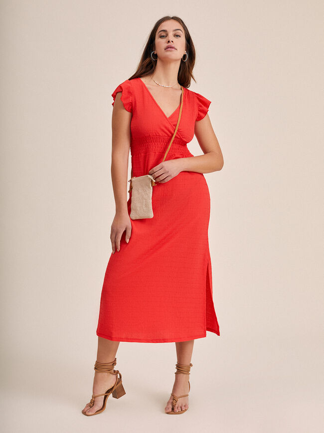 Vestido escote cruzado aberturas en bajo Coral