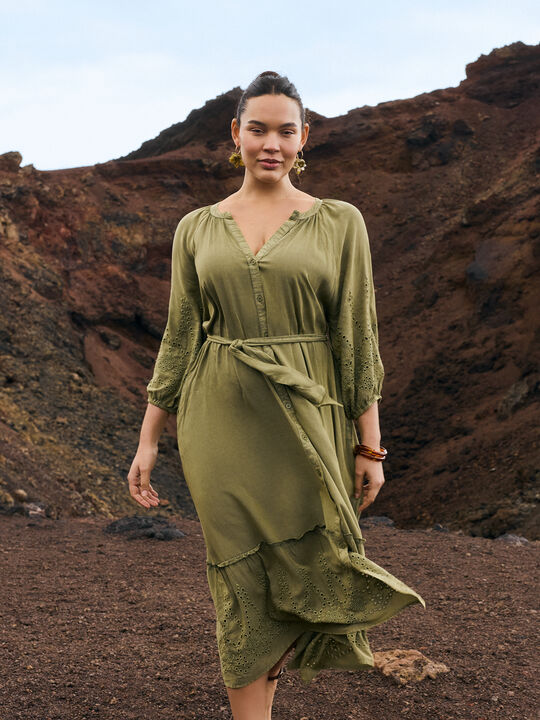 VESTIDO LARGO BORDADOS Kaki image number null