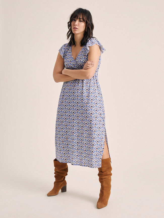 Vestido cruzado volantes en mangas Blanco Hueso