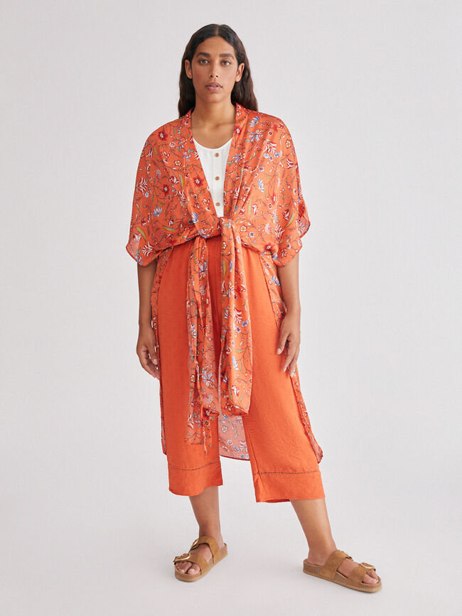 Caftán largo jacquard estampado Naranja quemado