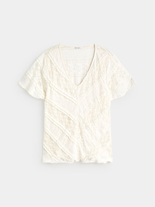 CAMISETA BLONDA ESCOTE PICO MGA VOLANTE Blanco Hueso image number null