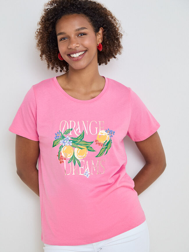 CAMISETA NARANJAS FLORES Rosa Chicle