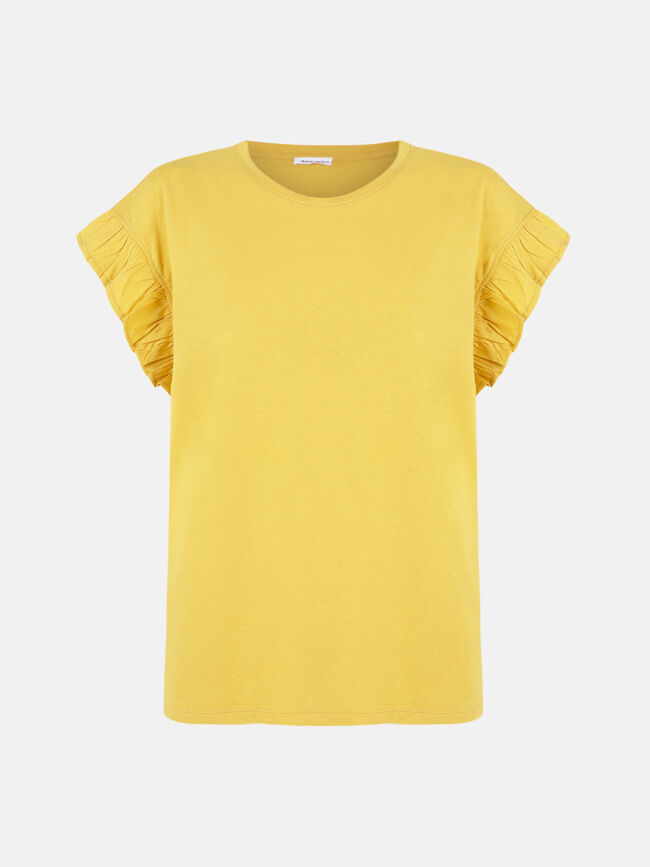 Camiseta volante en mangas 100% algodón Mostaza