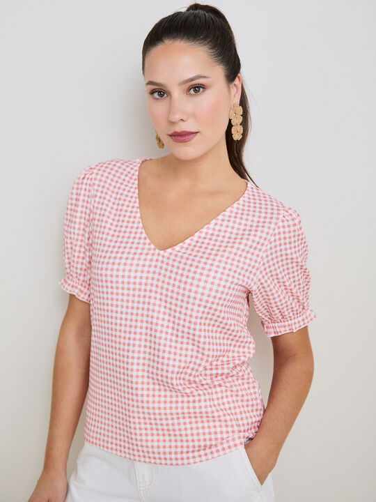 CAMISETA VICHY MANGA GLOBO Coral image number null