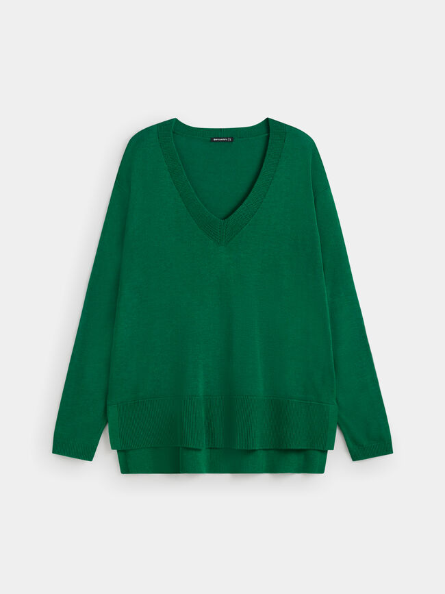 Jersey nervio cuello pico Verde Brillante