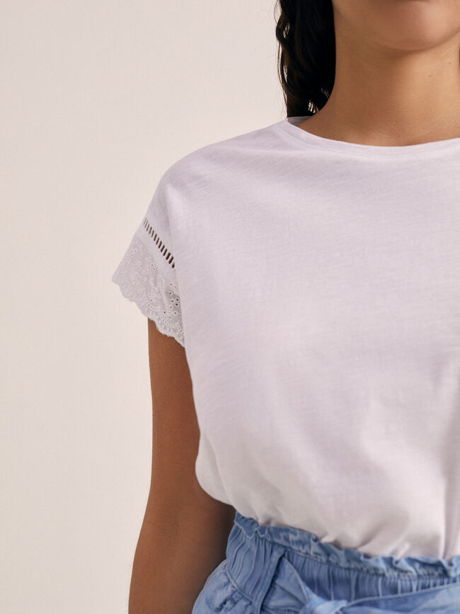 Camiseta bordado mangas 100% algodón Blanco Optico