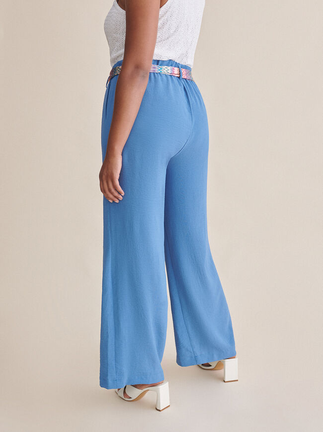 Pantalon fluido con cinturón estampado Azul Ceruleo