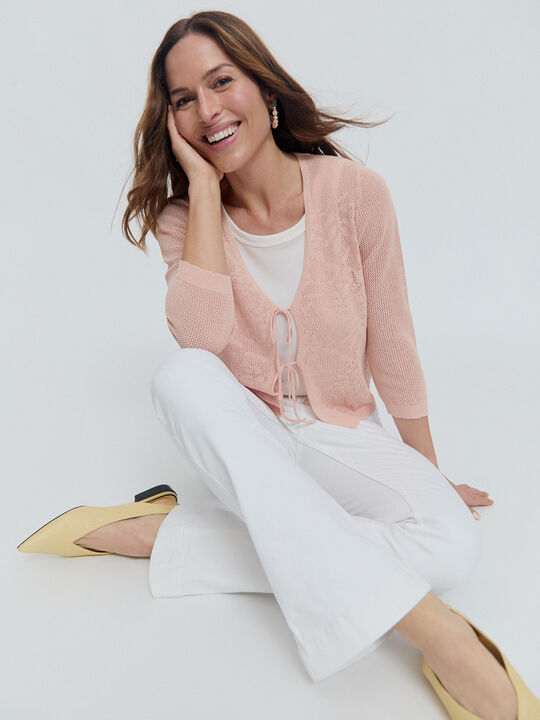 CARDIGAN CALADO LAZO Rosa Colorete image number null