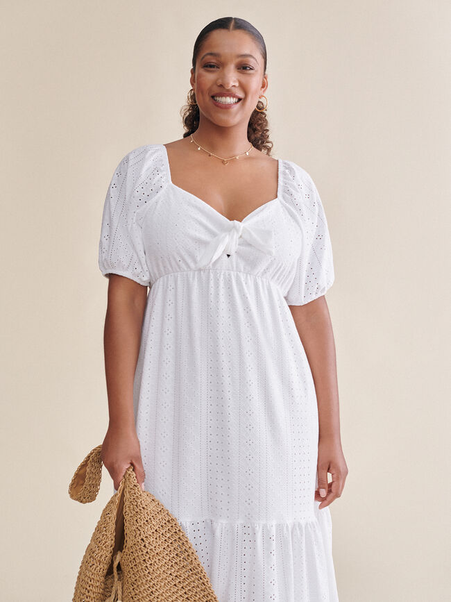 Vestido calados manga corta abullonada Blanco Optico