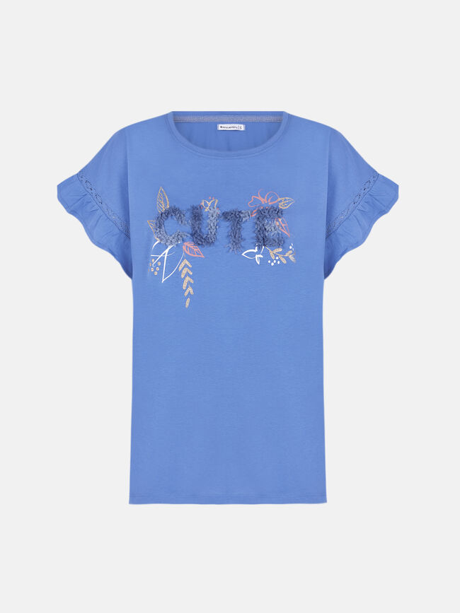 Camiseta volante y entredós en manga con Azul Ceruleo