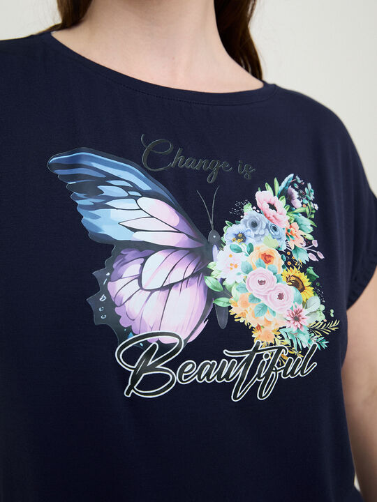 CAMISETA MARIPOSA FLORES Azul Marino image number null